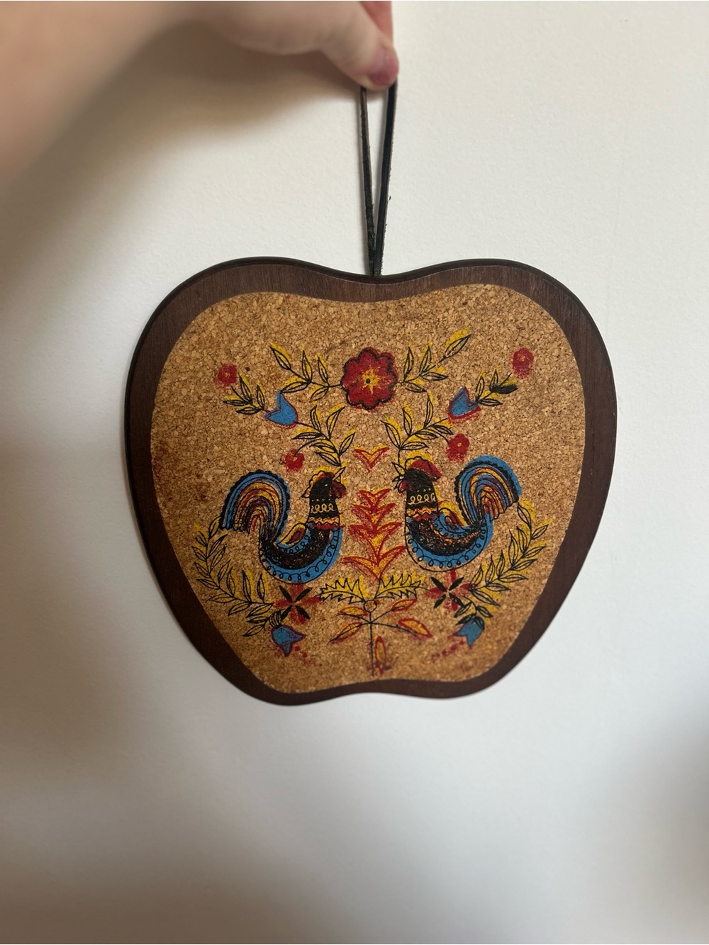 Apple-Shaped Wood and Cork Trivet Wall Hanging with Colorful Rooster Folk Art